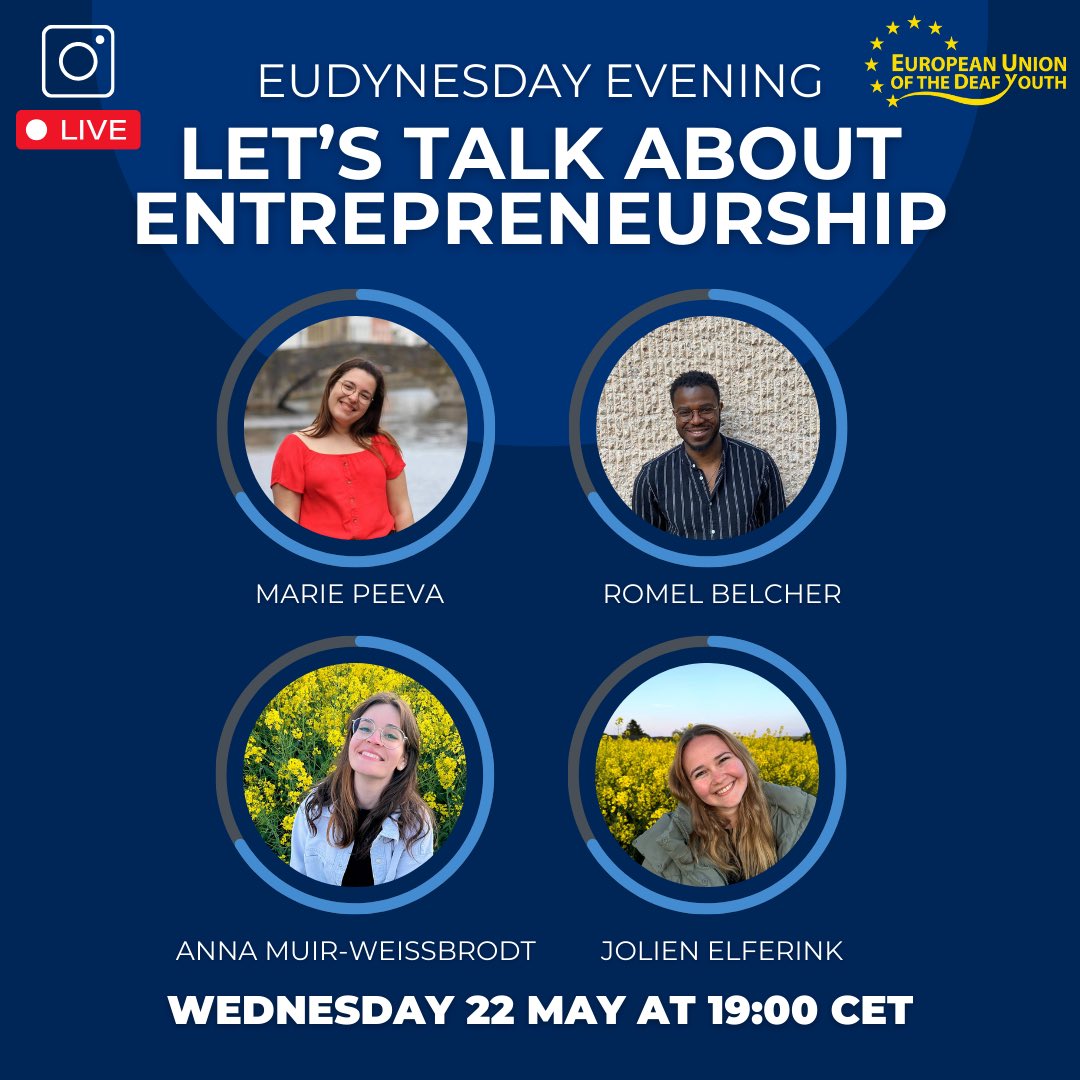 ⭐️ EUDYnesday Evening ⭐️

🗓️ This Wednesday, 22 May, at 19:00 CET on Instagram Live!

Join the live conversation with Marie Peeva, Romel Belcher, Anna Wuis-Weissbrodt, and Jolien Elferink as they discuss the topic "Let's Talk About Entrepreneurship." 📊🚀💡💸

Curious? Join us!