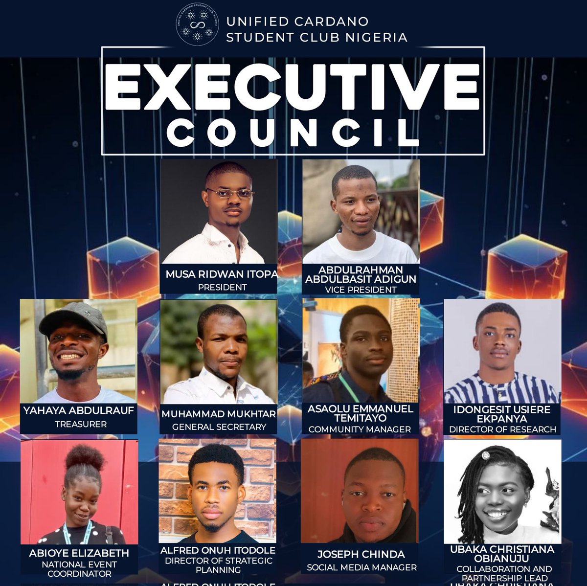 Meet the UCSCN dream team!
Leading the charge towards a #Cardano-powered future in Nigeria are these amazing individuals:
<a href="/MusaRidwanItopa/">Musa Ridwan Itopa @Unified Cardano Student 🇳🇬 𖤍</a> - President: 
@devbasrahtop- Vice President 
@jahy95- Social Media Manager 
<a href="/Yahhya911/">Yahaya Abdulra'uf</a>- Treasurer