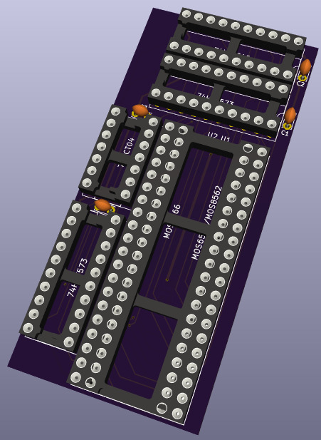 RetroWizzard's tweet photo. Finished routing the pcb for the MOS6566 to MOS8562 adapter.
I did it with a mixed approach, autorouter with manual cleanup.
Turned out quite OK, the 3D rendering isn't accurate though, because of overlapping footprints.
#Commodore #MaxMachine #KiCAD #RetroGaming #RetroComputing https://t.co/OAxt399V1G