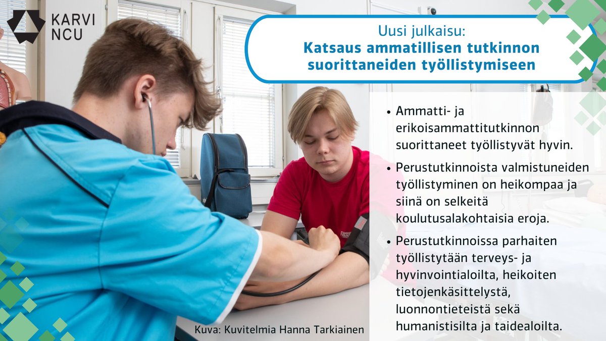 Uusi katsaus: Ammatillisesta koulutuksesta valmistuneiden työllisyys vaihtelee tutkintotyypeittäin, koulutusaloittain ja opiskelijoiden iän mukaan – työllisyys paranee, kun tutkinnon suorittamisesta kuluu aikaa. Lue lisää: karvi.fi/fi/ajankohtais… #ammatillinen_koulutus
