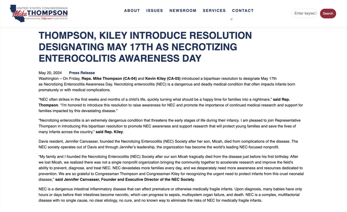 NEC Society (@necsociety) on Twitter photo We're having our most impactful #NECawareness Month ever! 
May 17 has been declared NEC Awareness Day in states across the US, <a href="/RepThompson/">Rep. Mike Thompson</a> <a href="/RepKiley/">Rep. Kevin Kiley</a> introduced H.Res.1237 in the US House of Representatives so we can #preventNEC! 
So grateful to everyone supporting this work! We're having our most impactful #NECawareness Month ever! 
May 17 has been declared NEC Awareness Day in states across the US, <a href="/RepThompson/">Rep. Mike Thompson</a> <a href="/RepKiley/">Rep. Kevin Kiley</a> introduced H.Res.1237 in the US House of Representatives so we can #preventNEC! 
So grateful to everyone supporting this work!