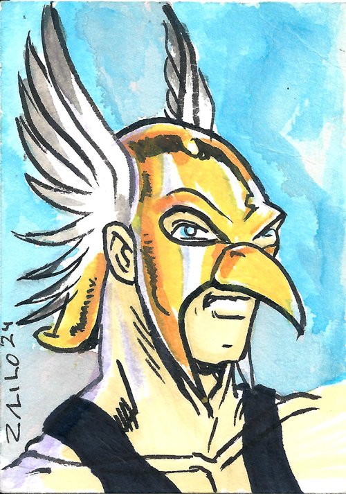 Today's sketchcard,  Hawkman. Available.  #zailoart #sketch #sketchcard #atc #mixedmedia #watercolor #comicbookart #dccomics #hawkman #superhero #carterhall