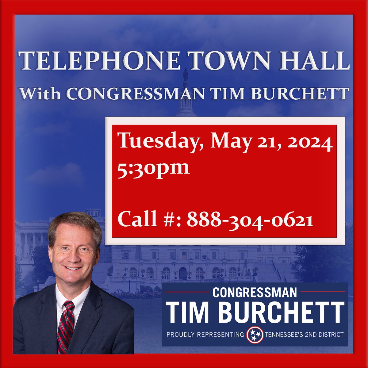 I'll be hosting a telephone town hall to talk with East Tennesseans tomorrow at 5:30pm EST. You can call in and ask questions at the number listed below. I'm looking forward to answering your questions!