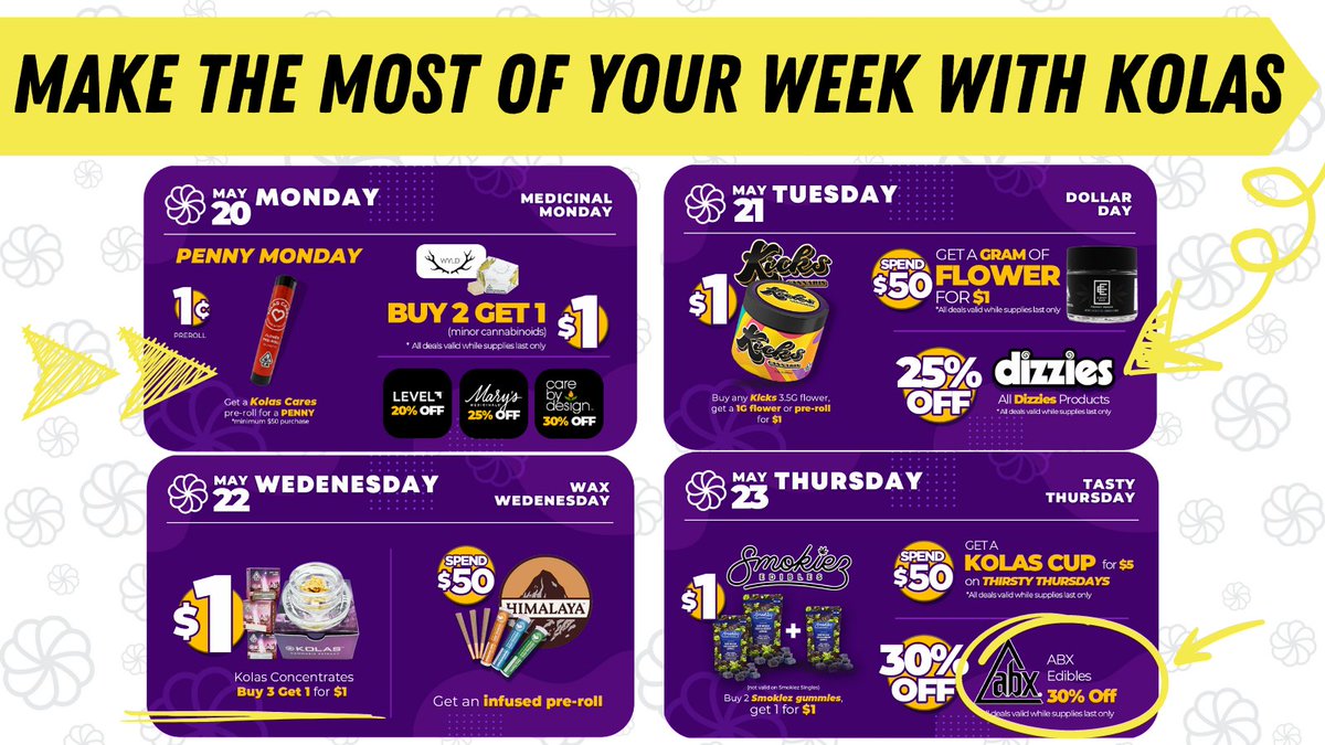 kolasofficial's tweet photo. 🌞Summer starts NOW at Kolas with Sizzling Specials all week! 🔥
Save with deals on your favorite brands like @Wyld_Canna, @HimalayaVapor, Eighty East, @SmokiezEdibles and MORE!
#KOLAS #Sacramento #Cannabis #Dispensary #WeeklyDeals https://t.co/YxVZGFT8fq