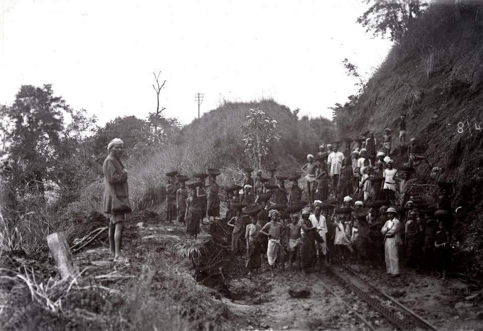 Railway track destroyed by landslides, reconstruction works underway, 1930s. Nilgiri Mountain Railway—the only rack railway in India, and is now a World Heritage Site.”