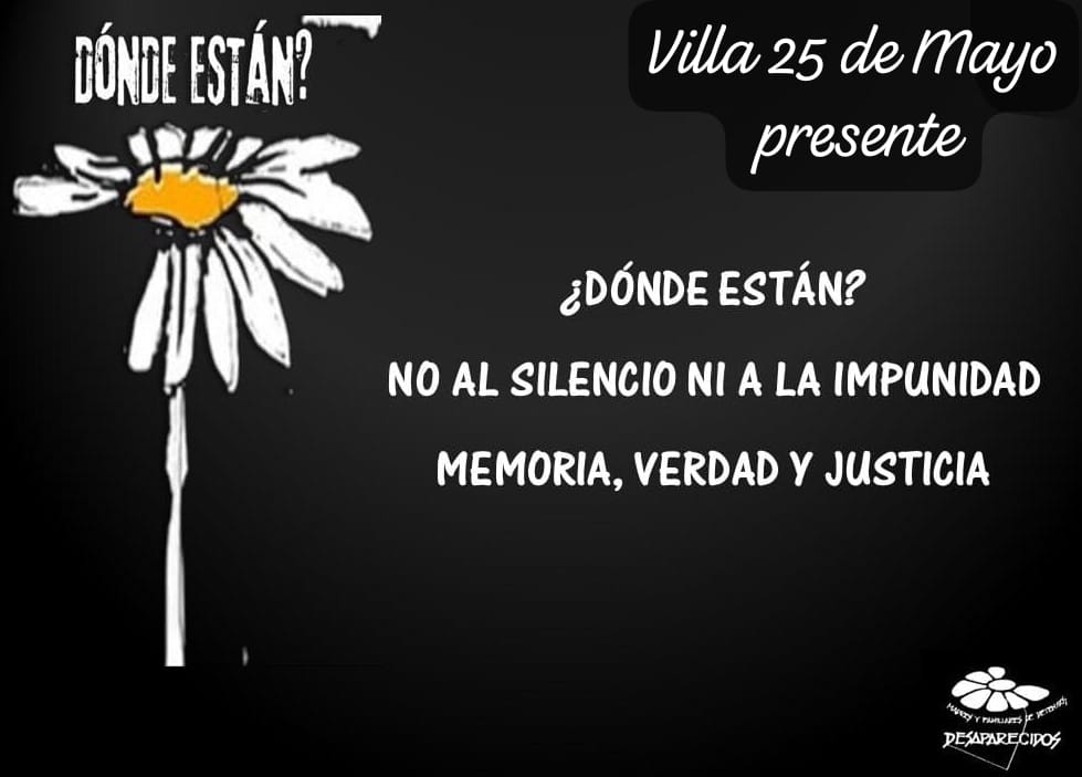 tvflorida's tweet photo. La Villa 25 de Mayo tendrá hoy su propia Marcha del Silencio por Memoria, Verdad y Justicia.
"Nos juntamos en las letras del pueblo a las 18 horas y marchamos en silencio hacia la Plaza Libertad. Dí presente 🌼", dice la convocatoria. https://t.co/S2j8ftsE1K