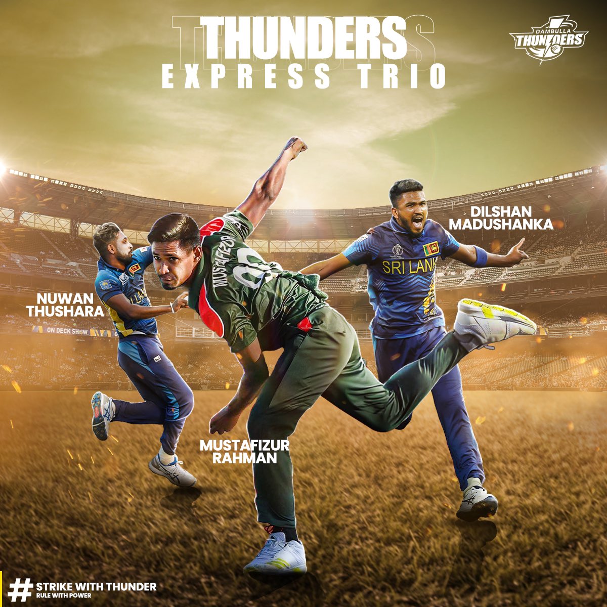 DThundersX's tweet photo. Introducing the Dambulla Thunders - Express Trio 😎

Swing, Seam, Slow Balls, Yorkers, Leg Cutters, Off Cutters, Bouncers - You name it, we have it ⚡️

#LPL2024 #DambullaThunders #Strikewiththunder #Rulewithpower https://t.co/9ZItm3TxU1