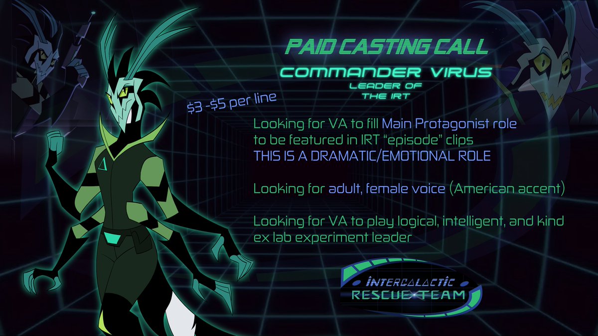 The Intergalactic Rescue Team CASTING CALL is now open! Keep in mind, this is a SFW ONLY ROLE/SERIES.
Our first role available is Commander Virus!

Looking for adult, female voice

DEADLINE: JULY 25TH, 2024
#castingcall #voiceactor

APPLY: forms.gle/2K9xYSK5MGdSS3…