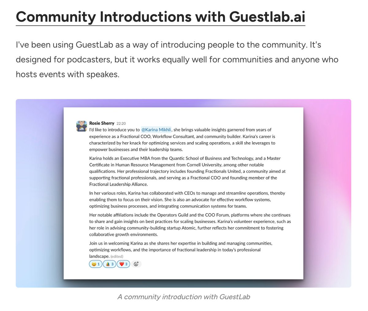 5harath's tweet photo. oh wow - this is a killer use case i haven't thought about

introduce new members of your community with an intro generated by @GuestLabAI 🤩

spot on @rosiesherry for this 🙏 https://t.co/g2mDk8wpZD