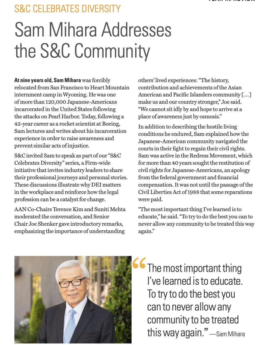 As part of his mission to make sure the Japanese American incarceration or anything like it never happens again, Sam Mihara told massive international law firm @sullcrom that 'The most important thing I've learned is to educate.'