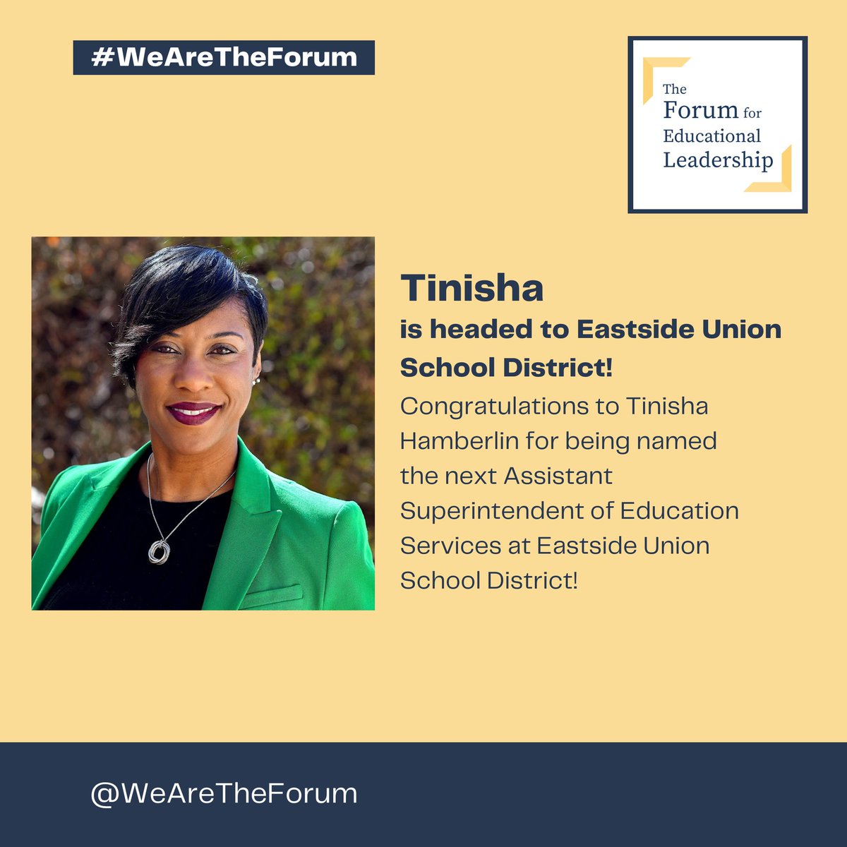 Congratulations to Tinisha Hamberlin for being named the new Assistant Superintendent of Education Services at @EastsideUsd! We look forward to watching this next chapter of your impact. #WeAreTheForum #WatchHerRise #WomenLeadingEd