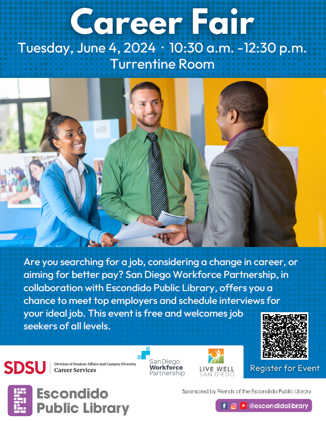 Escondido Library (@escolibrary) on Twitter photo Looking for a Job?
Escondido Public Library in partnering with <a href="/sdworkforce/">Workforce Partnership</a> brings you the opportunity of getting face time with top employers and scheduling an interview appointment to start your dream job.
Register here: forms.office.com/r/uq6AtQKeTs
#careerfair #jobsearch Looking for a Job?
Escondido Public Library in partnering with <a href="/sdworkforce/">Workforce Partnership</a> brings you the opportunity of getting face time with top employers and scheduling an interview appointment to start your dream job.
Register here: forms.office.com/r/uq6AtQKeTs
#careerfair #jobsearch