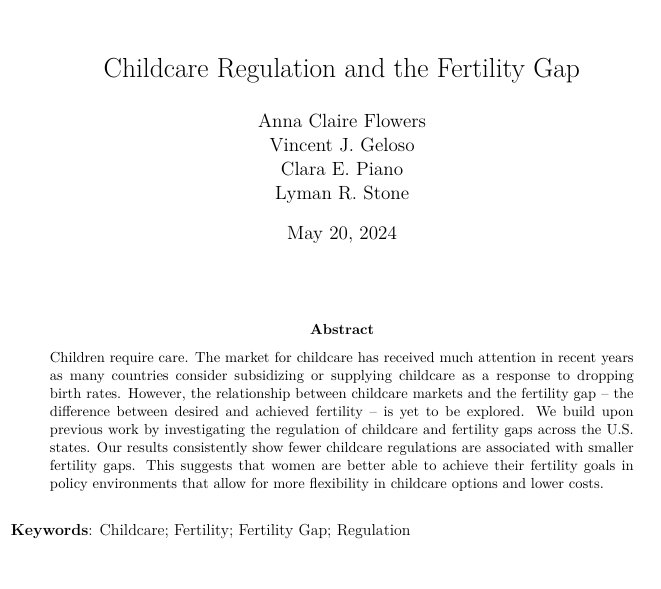 Now available: Childcare Regulation and Fertility Gap with Anna Claire Flowers, @clara_jace and @lymanstoneky TLDR: Even a minor aspect of fertility decisions as childcare regulation (through its effects on childcare costs) has an appreciable association with the fertility gap