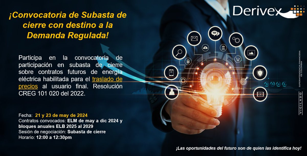 Próximas Convocatoria de Participación en Subasta de Cierre en DERIVEX S.A.⚡📷 No pierdas la oportunidad de cubrirte en un mercado simple, eficiente y seguro📷

#futuros #coberturas #eficienciaenergética #MAE