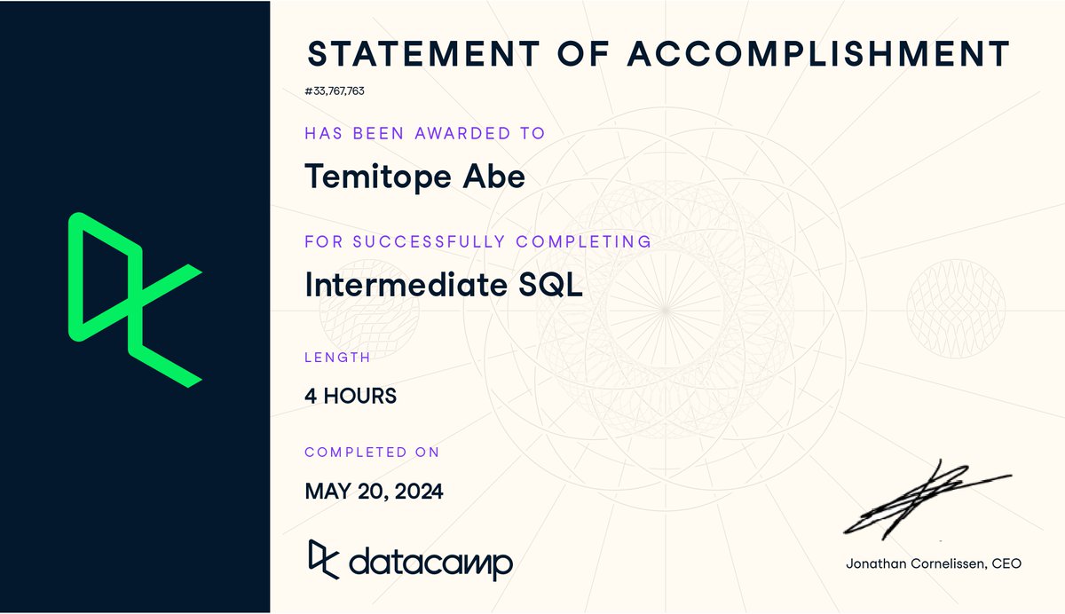 temitope_abe's tweet image. I earned a statement of accomplishment on DataCamp for completing Intermediate SQL!  Thanks to datacamp and I4G for this great opportunity
#dataanalysiswithsql
#I4Gdatacamp
#i4gdata