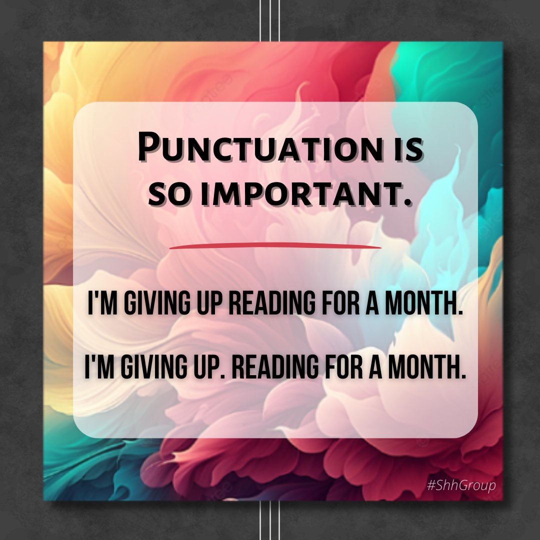 Life without punctuation is like a story without suspense – it just doesn't have the same impact!

_______⁣⁣⁣⁣⁣⁣⁣⁣⁣⁣⁣⁣⁣⁣__________⁣⁣⁣⁣⁣⁣⁣⁣⁣⁣⁣⁣⁣⁣⁣⁣⁣⁣⁣⁣⁣⁣
#ShhGroup #GoodreadsGroup #BookClub #BookCommunity #BookMeme #BookishMeme #MemeMonday