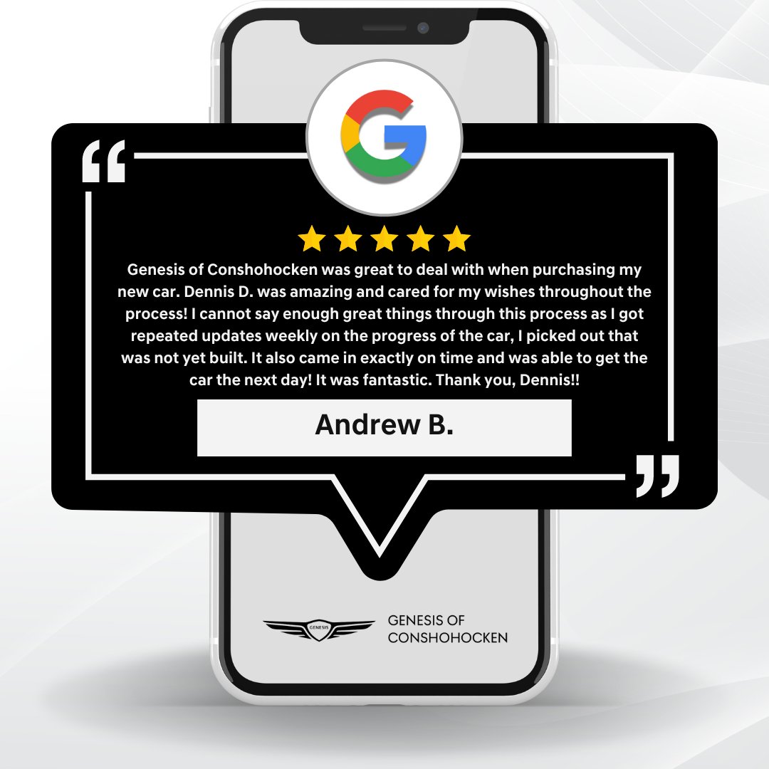 ⭐️⭐️⭐️⭐️⭐️ Huge thanks, Andrew B., for sharing your fantastic experience at Genesis of Conshohocken! We're thrilled Dennis DiFilippo provided amazing service, from personalized updates to timely delivery. 🌟🚗 #GenesisConshohocken #CustomerExperience