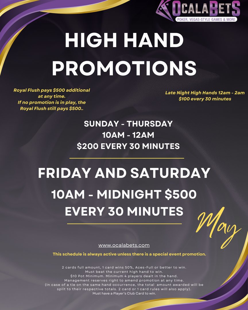 OcalaBets's tweet photo. We have great High Hand Promotions all week long! THE ENTERTAINMENT DESTINATION OF OCALA!!! #vegasstylegames #ocalavegasstylegames #ocalasportsbar #ocalapoker #ocalabets #ocaladestination #ocaladrinkspecials #gutshottournamentroom #gainesvillepoker #gainesvillefl https://t.co/dpmcKoquIO