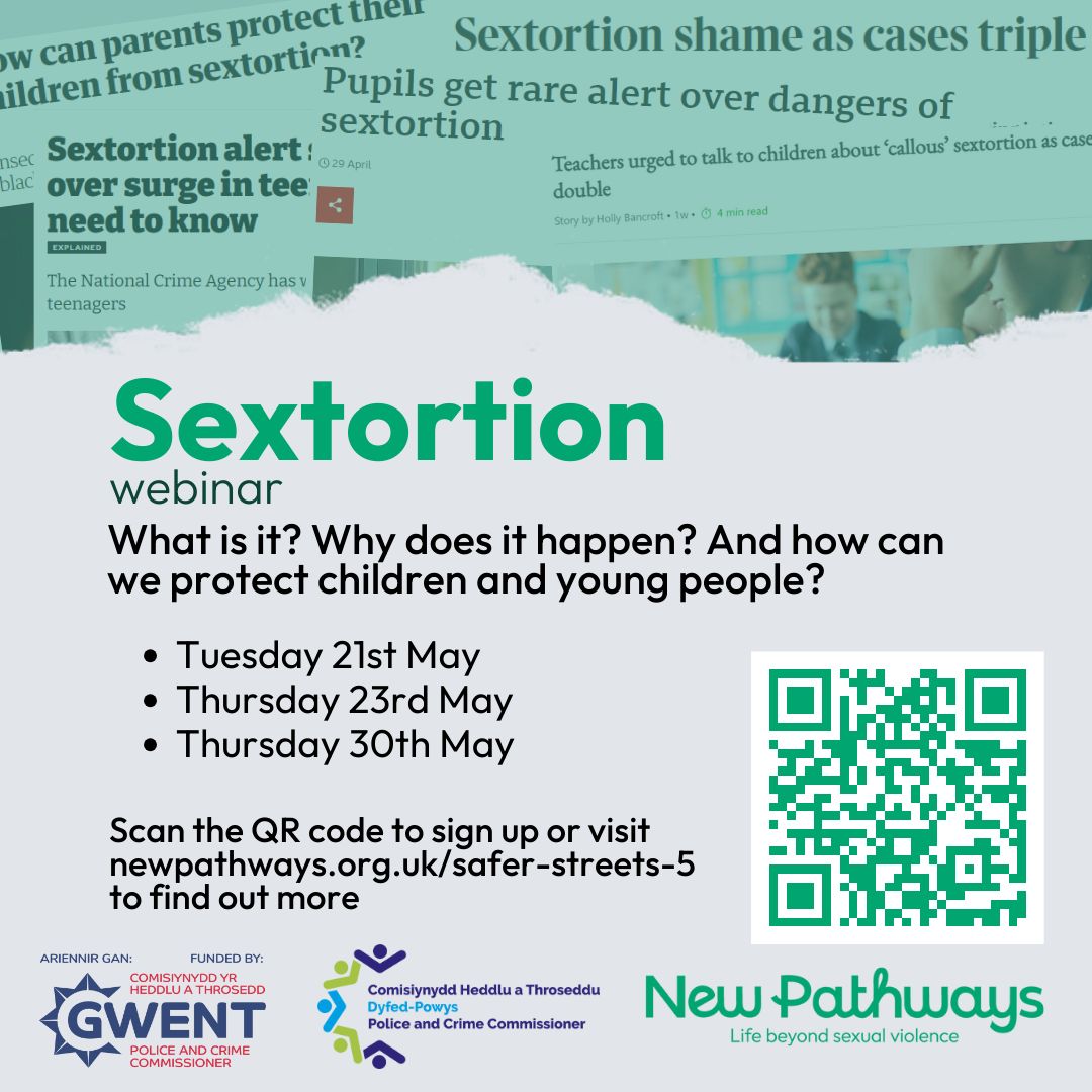 Our Sextortion webinars are for members of the community, parents, educational staff and professionals working with young people in Gwent and Dyfed Powys. Tomorrow's webinars are already full, so book quickly to avoid disappointment at buff.ly/3wGnSCi