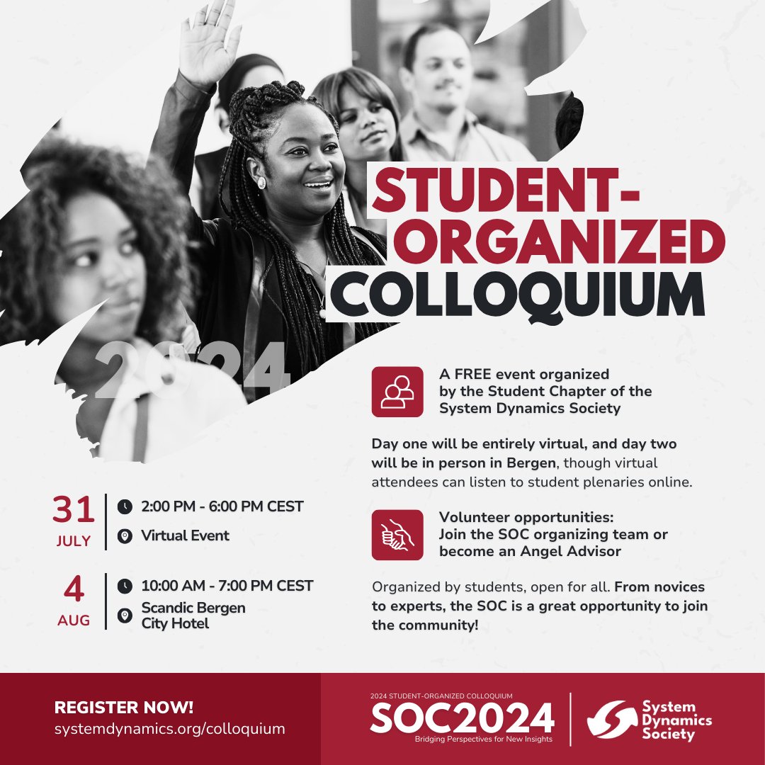 📣 FREE EVENT! Join the Student-Organized Colloquium 2024! 📅 Virtual Day | July 31, 2024 📅 In-Person Day | August 4, 2024 in Bergen 🇳🇴 🔗 Learn more: ow.ly/6rxv50RL4Eo #SystemDynamics #systemsthinking #ISDC2024 #SOC2024