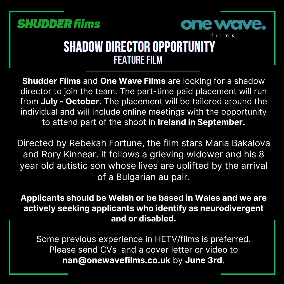 PRIMETIME (@primetimenetwrk) on Twitter photo PAID DIRECTOR SHADOWING OPPORTUNITY from the incredible <a href="/R4tuneDirector/">Rebekah Fortune</a> on film ft. Rory Kinnear & Maria Bakalova 🎥♥️
Based in Wales & neurodivergent and or disabled - send CVs & cover letter/ video to nan@onewavefilms.co.uk by June 3rd. PAID DIRECTOR SHADOWING OPPORTUNITY from the incredible <a href="/R4tuneDirector/">Rebekah Fortune</a> on film ft. Rory Kinnear & Maria Bakalova 🎥♥️
Based in Wales & neurodivergent and or disabled - send CVs & cover letter/ video to nan@onewavefilms.co.uk by June 3rd.