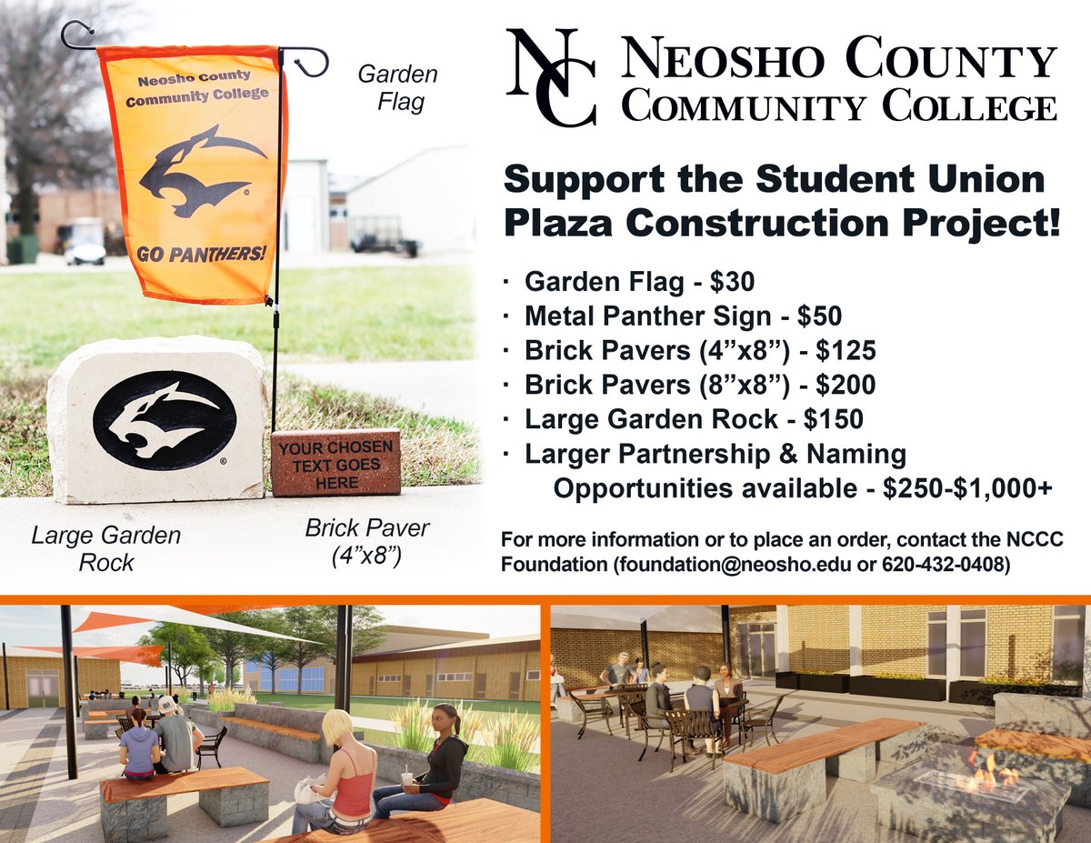 NCCC's tweet image. Orders are rolling in, don't miss your chance to support the Student Union Plaza Construction Project &amp;amp; be part of leaving a legacy on the Chanute campus! We have items for your home, or as a permanent fixture in the plaza itself.

Contact the NCCC Foundation by May 31!