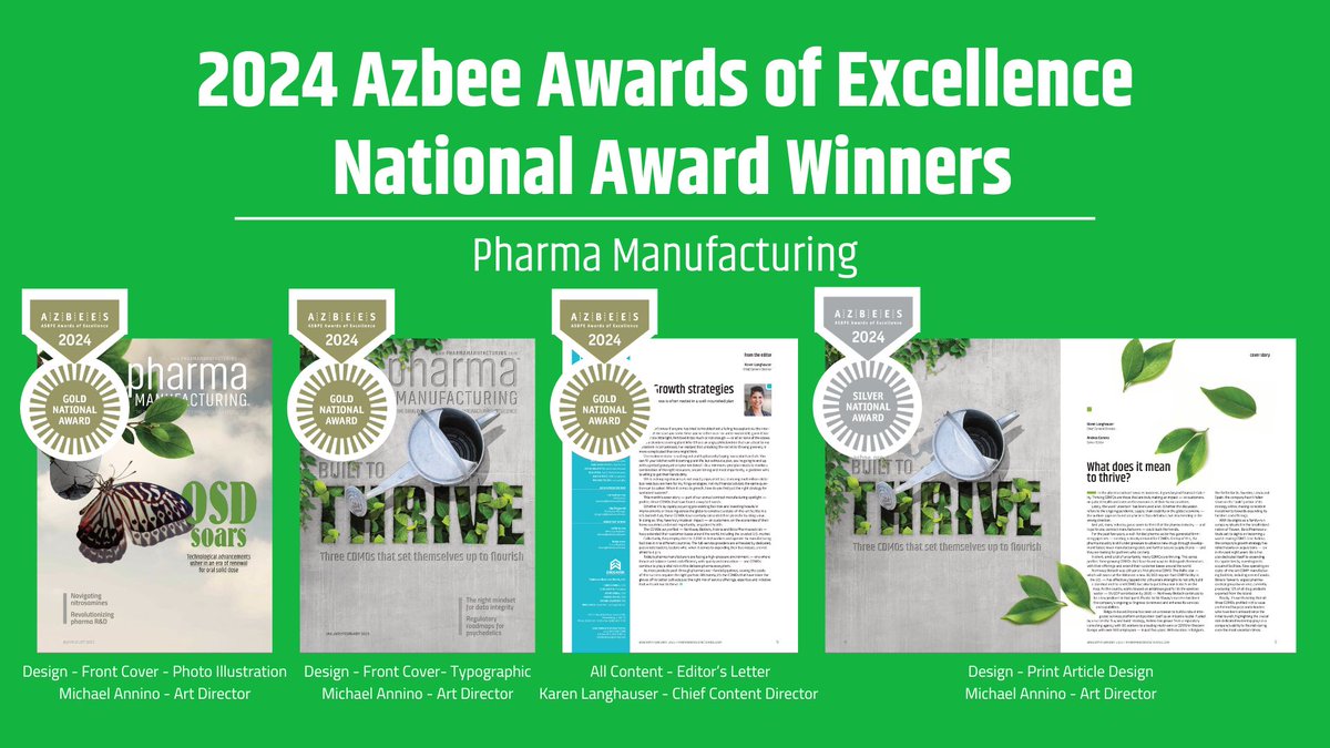 ASBPE has honored Pharma Manufacturing with 3 National Gold awards and 1 National Silver award at the 2024 Azbee Awards of Excellence.

Find the full gallery of winners here: azbeeawards.secure-platform.com/a/gallery?roun…

@ASBPE @EndeavorMedia #ASBPE #Pharmamanufacturing #AzbeeAwards #pharmanews