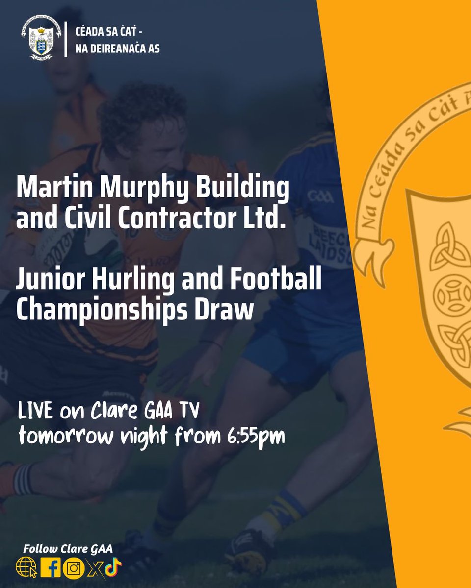 The Group Draws for the 2024 #MartinMurphyBuildingandCivilContractor Junior Championships take place at TUS Ennis tomorrow evening. The draws will be broadcast live by Clare GAA TV at this link. Coverage begins at 6:55pm vimeo.com/event/4318759