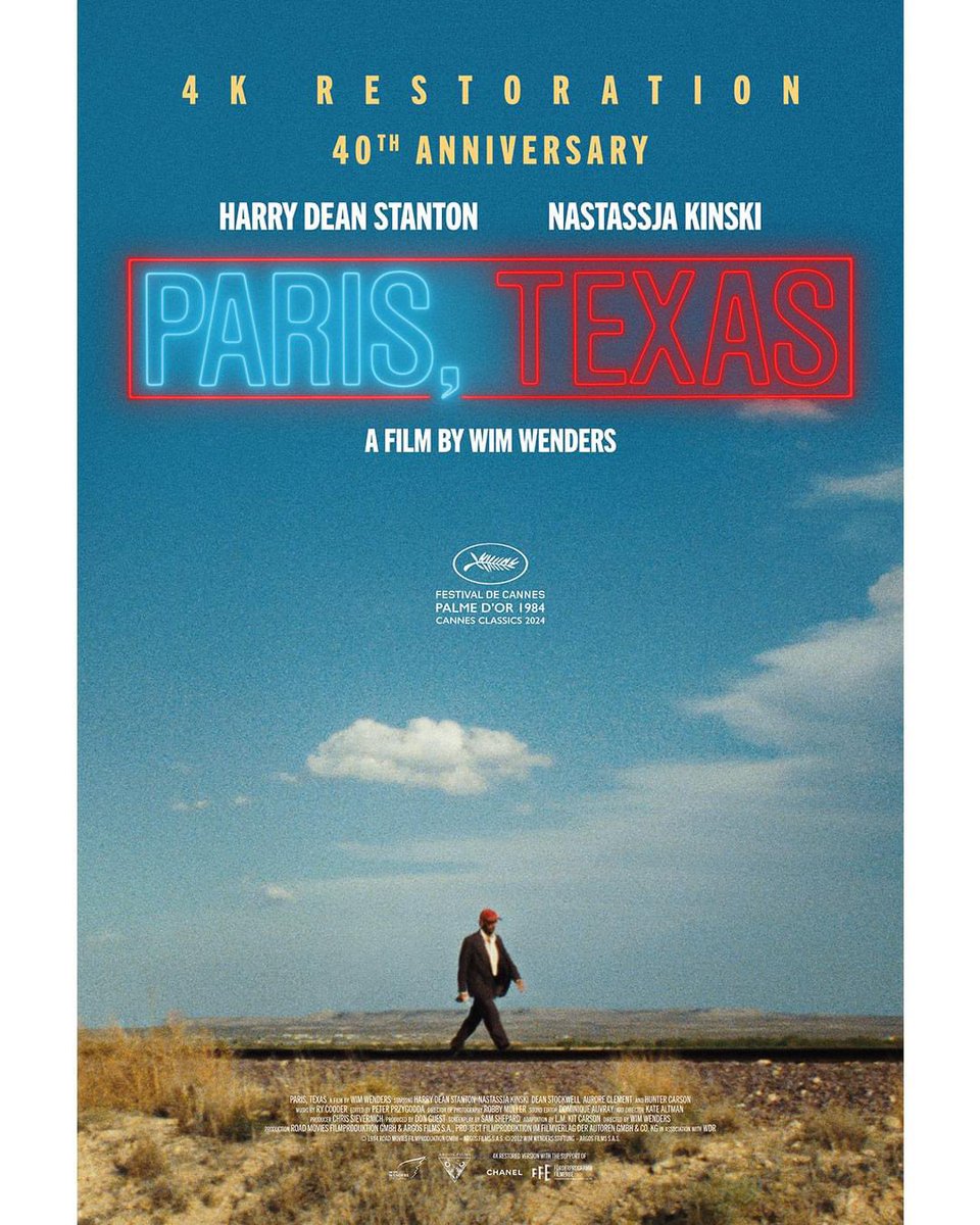 “40th anniversary 4K restoration poster for Paris, Texas. Opens in France on July 4, with more territories to come, including Spain, Germany, Italy, and UK” #ParisTexas #HawkmoonandMotelChronicles