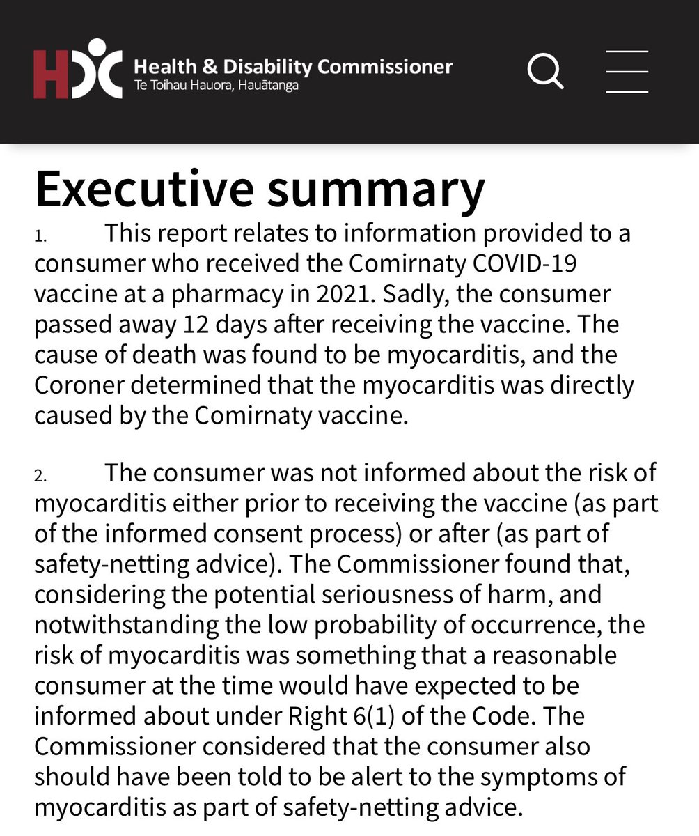 A new report from the Health and Disability Commissioner has found that Rory Nairn, who died from myocarditis caused by the COVID-19 jab, was not properly informed about the risk of myocarditis prior to receiving it.

This is huge - no one was properly informed about the risk of
