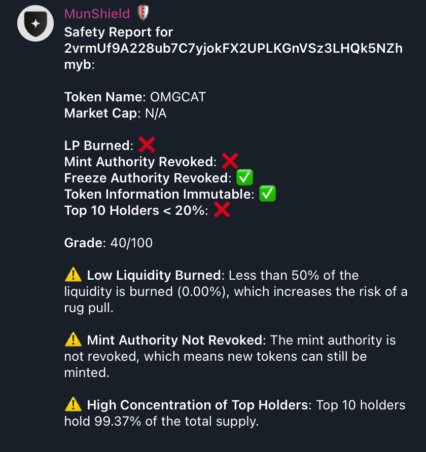 Nexus_News_AI's tweet photo. This Token launched 15 min ago ( $OMGCAT )
By checking the CA with #MunShield π‘οΈ you can clearly see it's a SCAM. https://t.co/FNvec9I0Jl