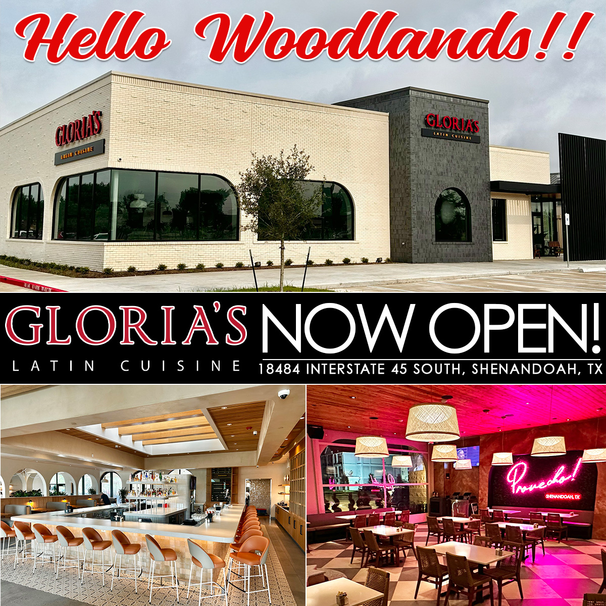 Congrats to Gloria's Latin Cuisine on their latest opening in The Woodlands located at 18484 I-45 South, Shenandoah, TX! Stop in for a delicious family dinner or check out the fabulous nightlife scene! #nowopen #txrestaurants