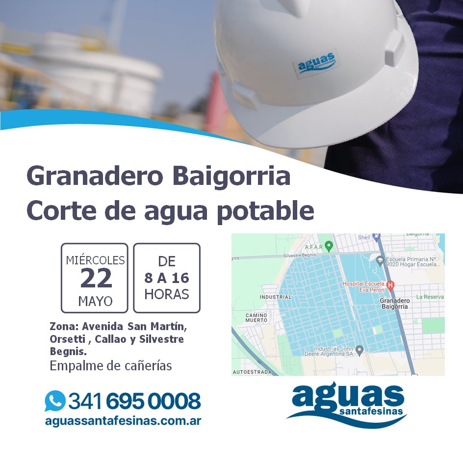AguasSantaFe's tweet photo. #GranaderoBaigorria
🚰Tareas programadas de empalme de cañerías
🗓️Miércoles 22 de Mayo⏰De 8 a 16 horas
Se registrará falta de presión en la zona delimitada por:  avenida San Martin, Orsetti , Callao y Silvestre Begnis. https://t.co/lhpo2DHrZI
