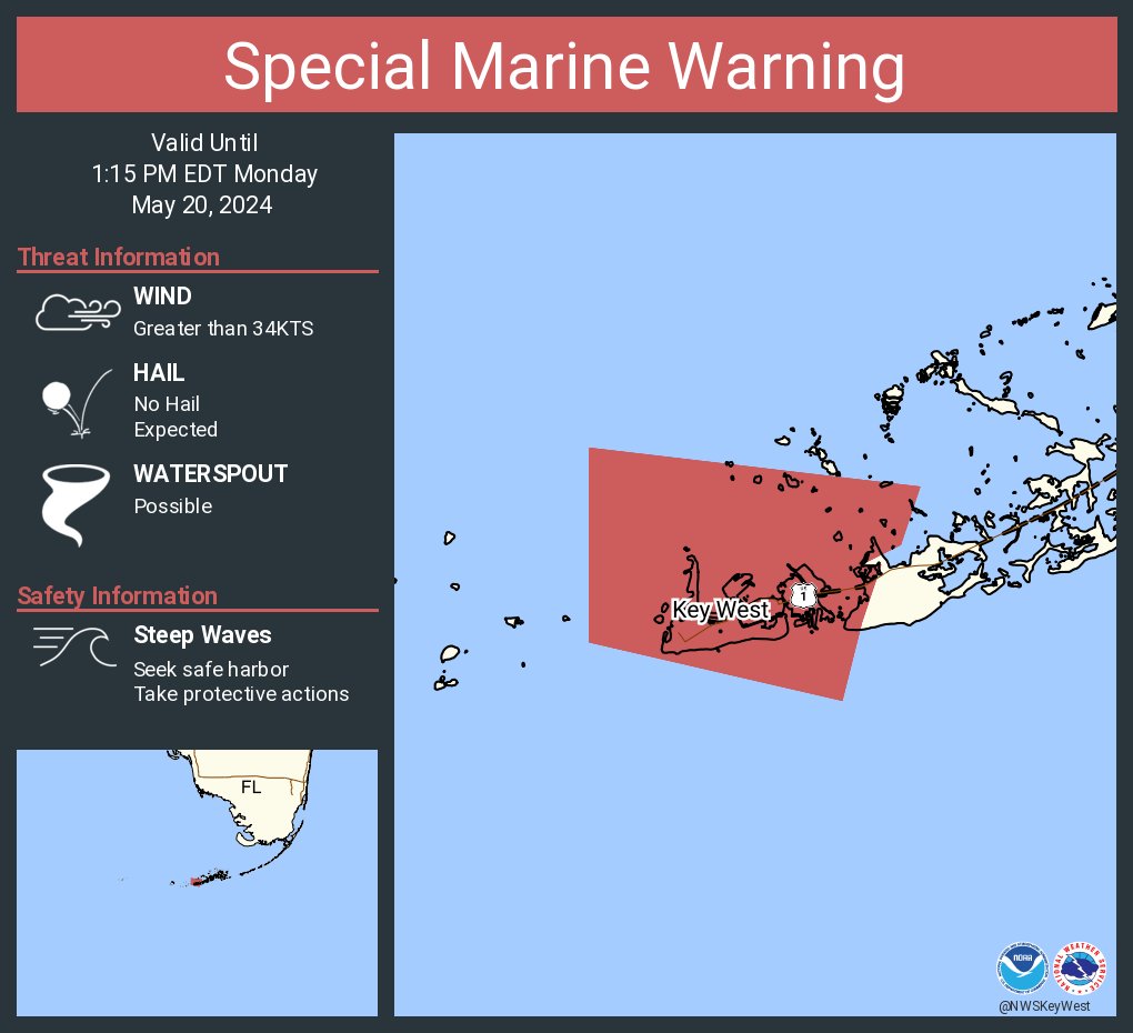 Special Marine Warning continues for the Gulf waters from East Cape Sable to Chokoloskee 20 to 60 NM out and beyond 5 fathoms and Straits of Florida from west end of Seven Mile Bridge to south of Halfmoon Shoal out 20 NM until 1:15 PM EDT