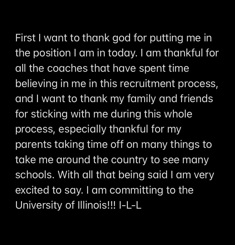 Committed!!!🧡💙 I-L-L #AGTG <a href="/coachjstepp/">Coach Justin Stepp</a>  <a href="/BretBielema/">Bret Bielema</a> <a href="/BarryLunneyJr/">Coach Barry Lunney, Jr</a> <a href="/IlliniFootball/">Illinois Football</a> <a href="/GregSmithRivals/">Greg Smith</a> <a href="/EDGYTIM/">Timothy “EDGYTIM” OHalloran</a> <a href="/AllenTrieu/">Allen Trieu</a> <a href="/patricketherton/">Patrick Etherton</a>