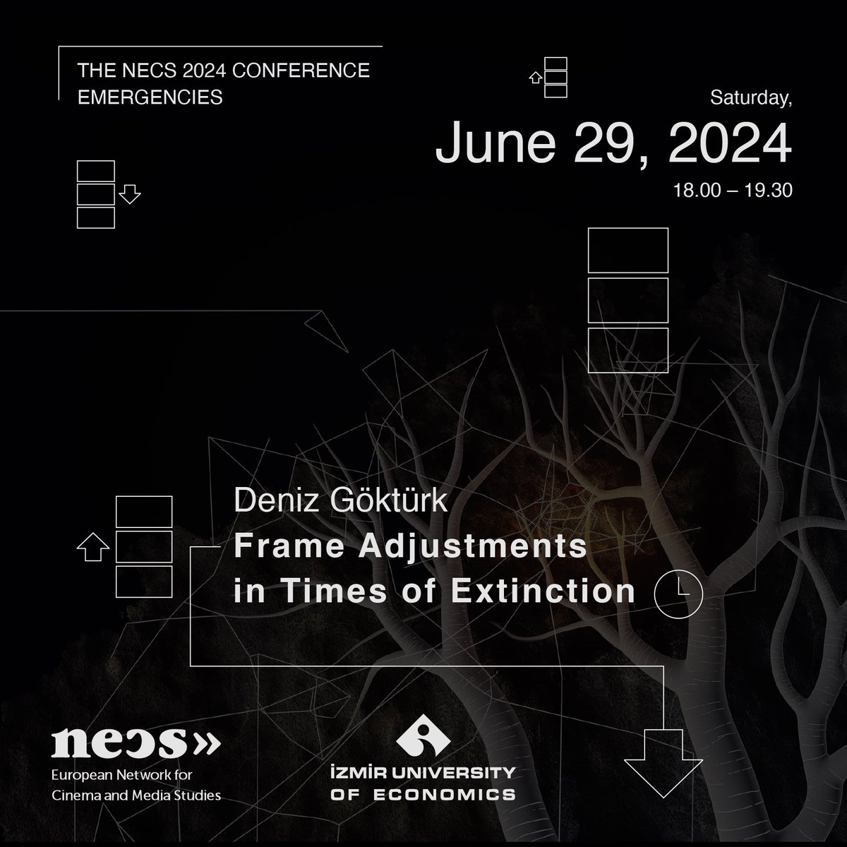 On the last day of the #NECS2024 in #Izmir, Deniz Göktürk is going to give a speech on ‘Frame Adjustments in Times of Extinction.