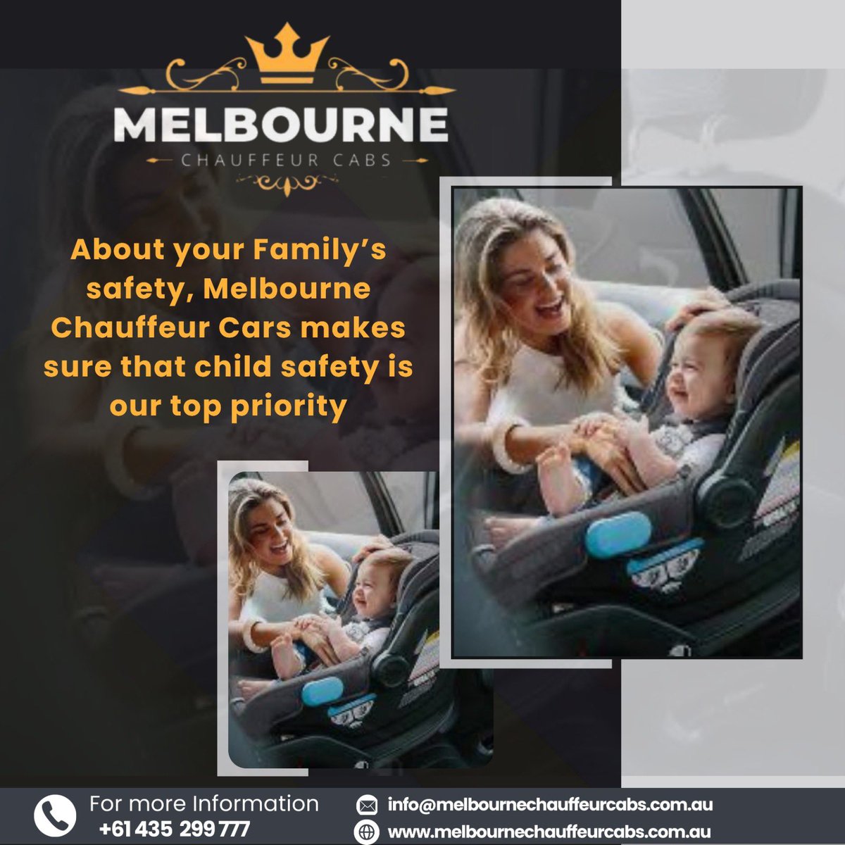 🚗✨ Traveling with children just got easier with Melbourne Chauffeur Cabs! Our luxury service includes baby seats to ensure your little ones travel safely and comfortably. Sit back, relax, and let us take care of your transportation needs. Book your ride today! 🌟 📞 Phone: