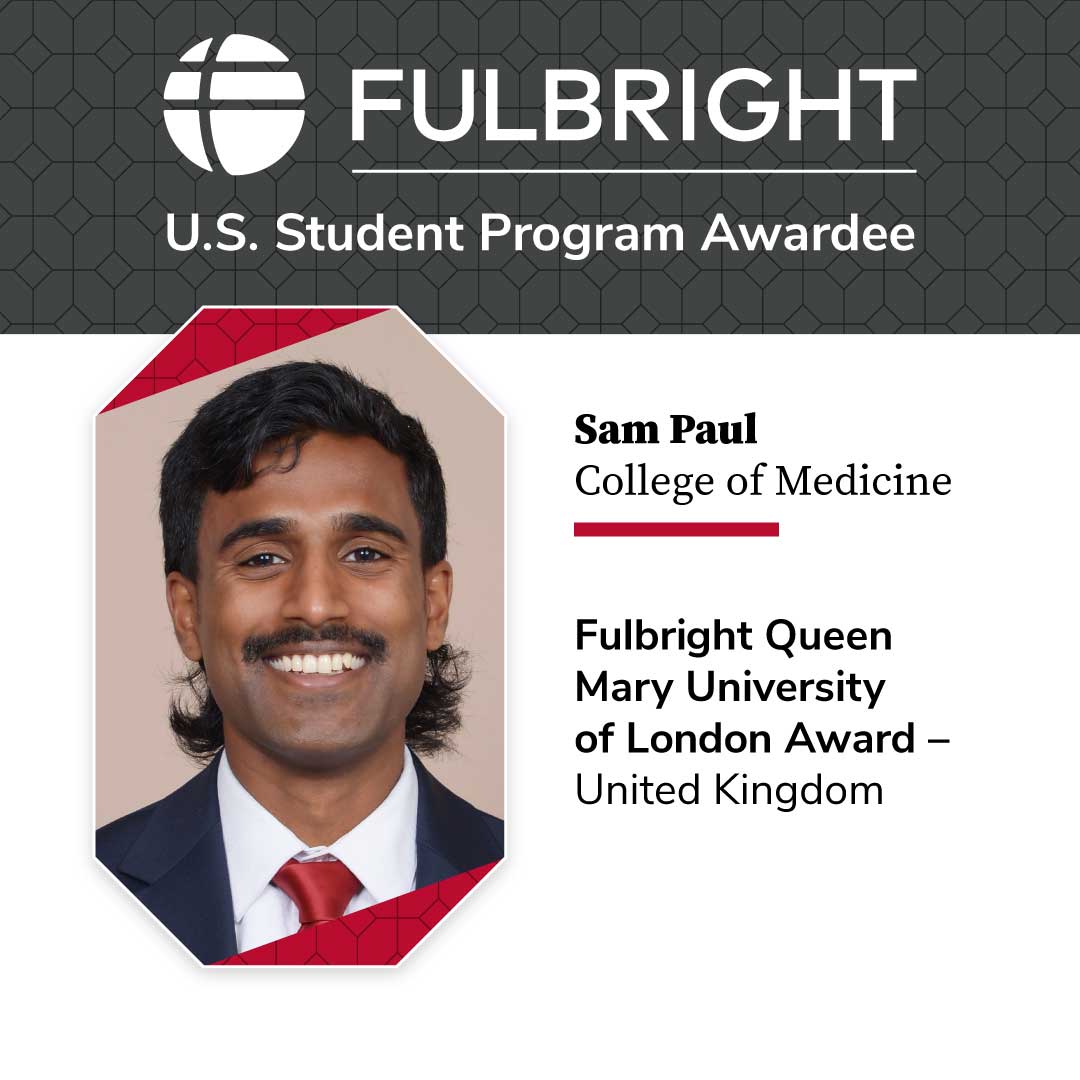 An @OhioStateMed student, Samuel Paul was awarded the #Fulbright Queen Mary University of London Award, United Kingdom from @USUKFulbright. Paul will enroll in the master’s degree program in critical care medicine at @QMUL. oia.osu.edu/news/seven-gra…