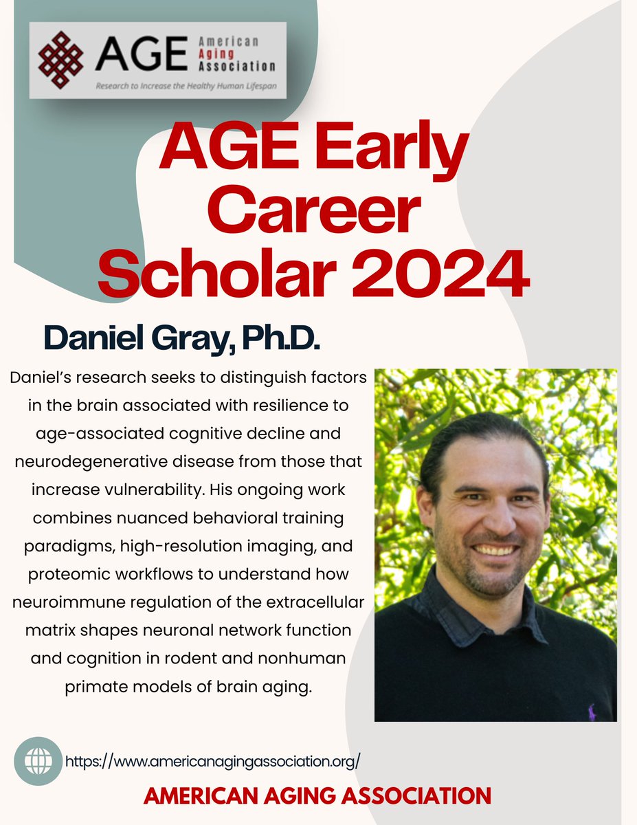 Introducing Daniel Gray (<a href="/dtgray_UCLA/">Daniel Gray</a>) as one of our 2024 Early Career Scholars! Daniel is a postdoctoral fellow at <a href="/UCLA/">UCLA</a>  <a href="/dgsomucla/">David Geffen School of Medicine at UCLA</a> studying cognitive decline and resilience. Congrats, Daniel! #AGEScholars #AGETC #AGE2024