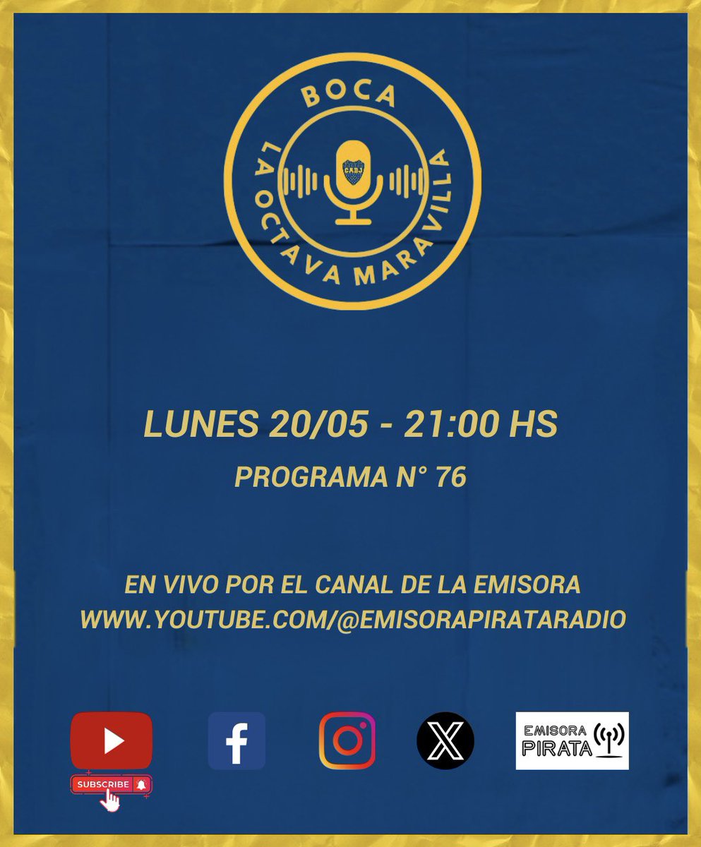 🎙️ 20/05 - Programa Nº 76
Toda la actualidad de Boca Juniors 🇸🇪

Repasamos todas las disciplinas donde hay una camiseta azul y oro.

HORARIO: lunes de 21 a 22 hs.

VIVO: youtube.com/@emisorapirata…

Comunicate al 11-4073-1621 y salí al Aire 🗣️

#BocaJuniors 
#BocaLaOctavaMaravilla