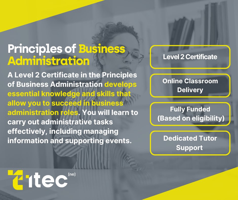 Develop essential knowledge and skills that allow you to succeed in business administration roles.

Complete our Level 2 Principles of Business Administration certificate today.  

Click the link to apply! buff.ly/46x3xLk 
#ElearningJourney #BusinessAdministration