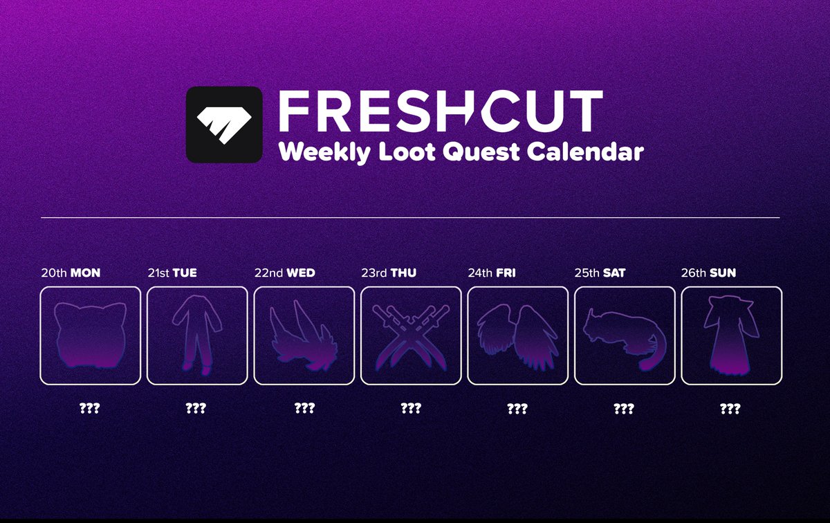 🚨 Loot Quest Calendar 🚨

Check out this week's mysterious UGC drops! Can you guess what's coming your way? 👀

Drop your guesses below! ⬇️