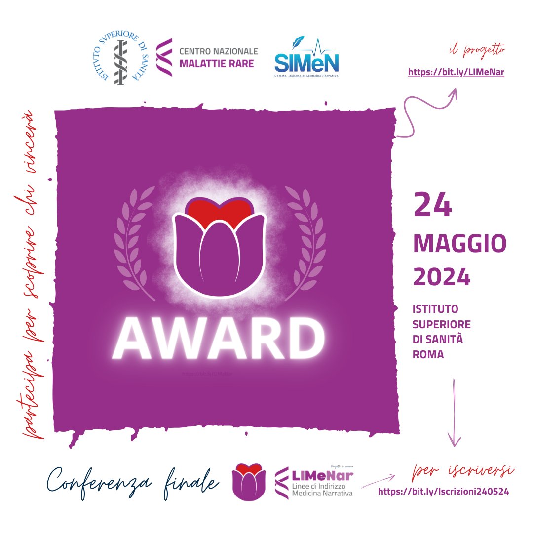 HHLab_ISS's tweet photo. 🏆 Vuoi scoprire chi vince il #LIMeNarAward?
Ti aspettiamo all'#IstitutoSuperiorediSanità con @SIMeN_official per la Conferenza #LIMeNar
📍#ISS, venerdì 24 maggio '24 (solo in presenza)
👉Programma https://t.co/FDxYUWv3er
✍️Iscrizioni: https://t.co/zfYvfYxsrw (entro il 21/05) https://t.co/TSDM0UnVZp