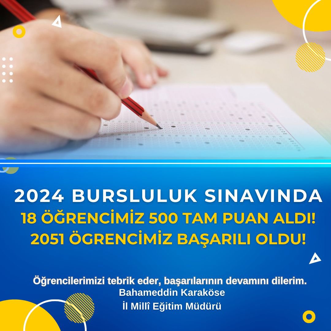 🏆 2024 İlköğretim ve Ortaöğretim Kurumları Bursluluk Sınavı’nda 2051 öğrencimiz başarılı olmuş ve 18 öğrencimiz tüm soruları doğru cevaplayarak 500 tam puan almıştır.

Öğrencilerimizi elde ettikleri başarılarından dolayı tebrik eder, başarılarının devamını dileriz.