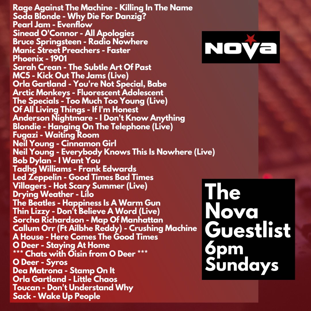 🚨All the great songs played on the #NovaGuestlist, including chats with @ODeerMusic and first plays for @OrlaGartland & @CallumOrrMusic!☘️ 📻Listen back Now on nova.ie/radio-schedule… or 6pm Sundays on @RadioNova100! #IrishMusicParty #IndieMusic