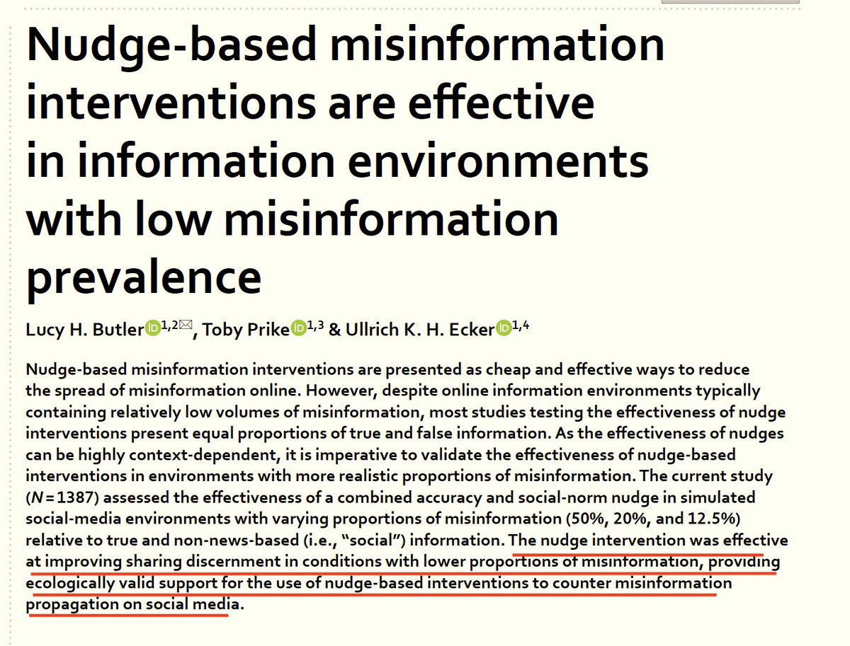 Nudge-based misinformation interventions are effective nature.com/articles/s4159… @UlliEcker et al. 'The nudge intervention was effective at improving sharing discernment in conditions with lower proportions of misinformation, providing ecologically valid support for the use of