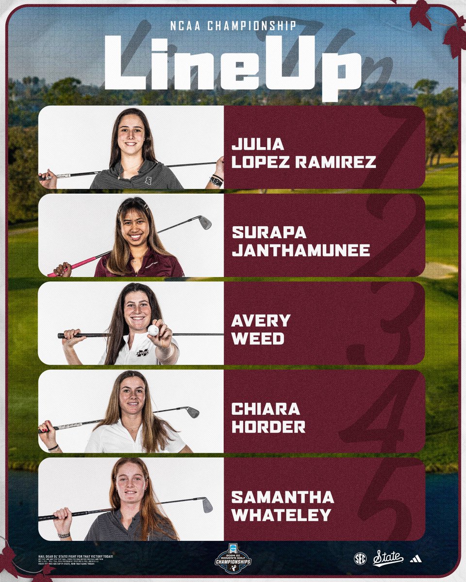 Here's how the Dawgs are lining up for the final round of stroke play at 12:30! TV Coverage of the NCAA Championship begins at 5 p.m. on Golf Channel. 📊» hailst.at/3yw1vji #HailState🐶