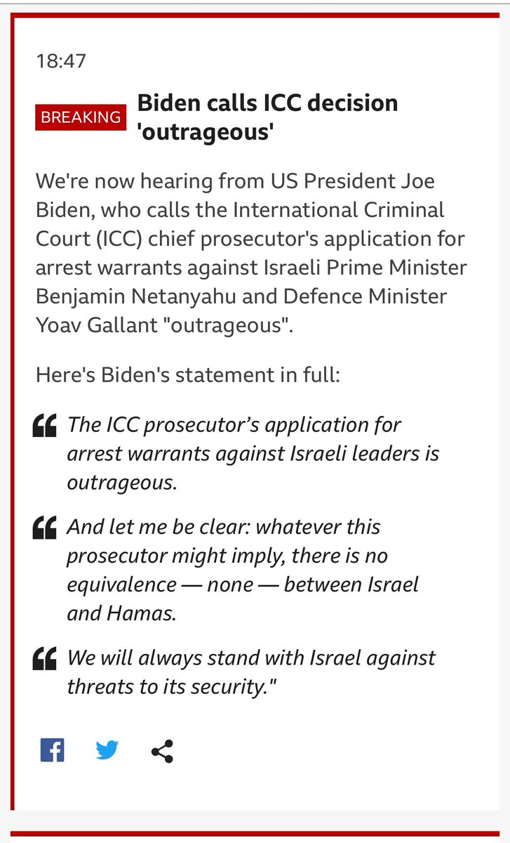 Per Biden l’attività della giustizia internazionale indipendente su Gaza è oltraggiosa/vergognosa Non per il ritardo, dopo 35k morti. Solo Usa sono gli arbitri del diritto? Giudici bene/male? Sono pronti ad invadere l’Aia come da legge del 2002 anti-Corte Penale Intern. ?