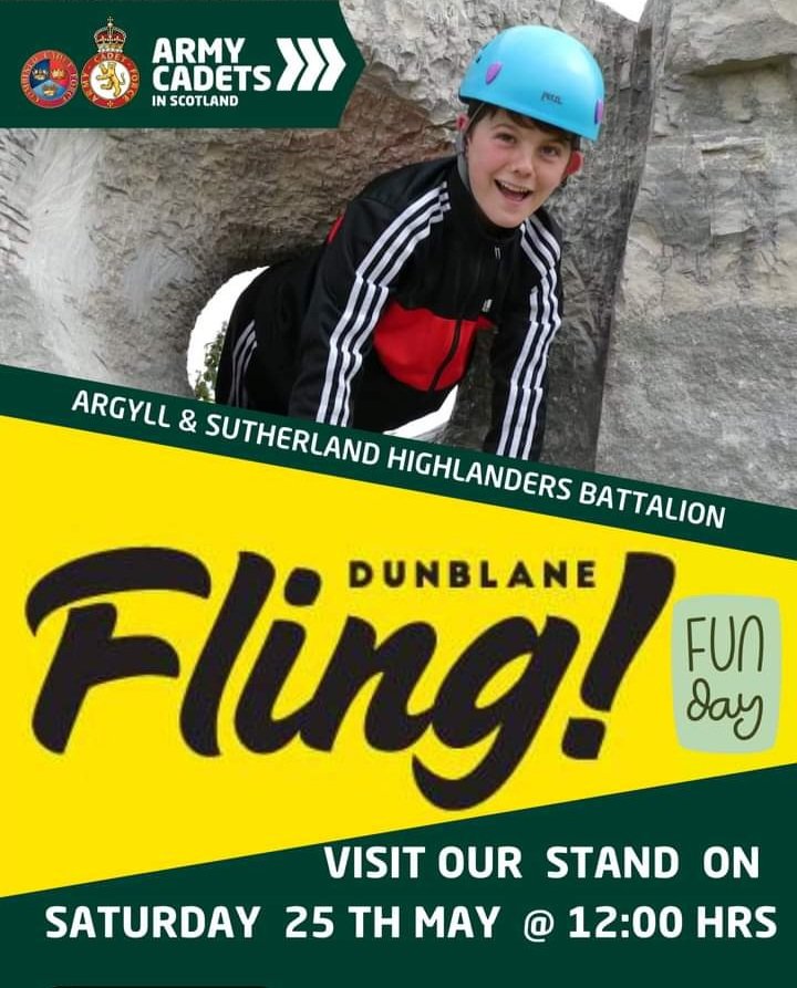 CTTScotland's tweet photo. Why not visit @AandSH_ACF on Saturday the 25th of May at the Dunblane Fling and find out more about the Army Cadets and enjoy a great family day out. Activities start at 12 noon. ๐ซก๐ฅณ @DunblaneHS
@DunblaneNewGC
@dunblaneinfo #argyllacf https://t.co/t8zfmVuUcE
