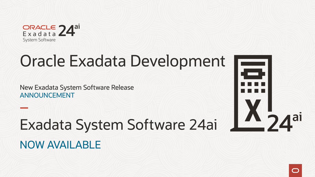 Announcing #Exadata System Software #24ai 

Feature all new AI Smart Scan, Columnar Cache on Exadata RDMA Memory, Exadata Live, Increased Number of VMs on X10M and much more. 

Get all the details on the Exadata PM Blog

blogs.oracle.com/exadata/post/e…